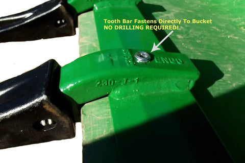 Close-up of green Bucket Tooth Bar for Sub-Compact Tractors 57 Inch Fits Bucket Edges 1/2 Inch No Drilling Required with fastening detail