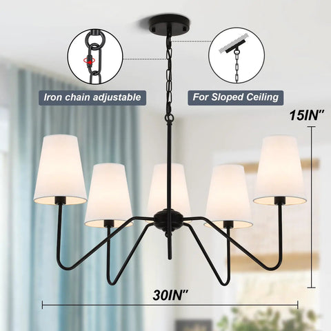 Dope Modern 5 Arm Pendant Chandelier For Dining Room With White Fabric Shades Matte Black Finish 30 Inch Diameter Height Adjustable Ceiling Light Over Table For Living Room Hallway Bedroom