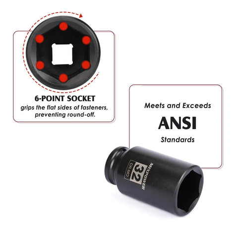 Beefy Four Piece Half Inch Drive Deep Impact Socket Set showing 32mm six-point CR MO steel socket with ANSI standards.
