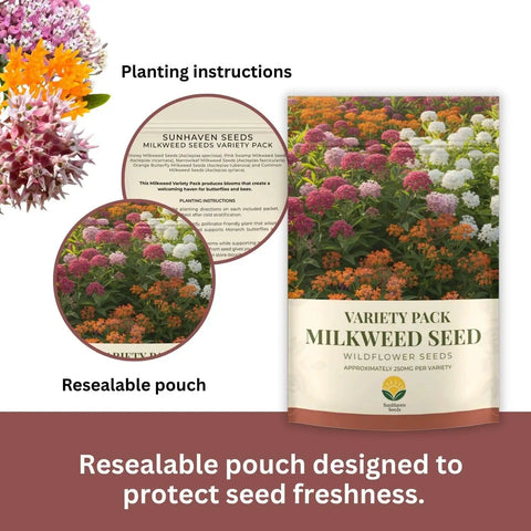 Native Milkweed Variety Pack For Monarch Gardens With Five Essential Species Including Common, Showy, Pink Swamp, Narrowleaf, And Orange Butterfly Milkweed Seeds Non GMO Wildflower Mix For Pollinators in resealable pouch with planting instructions.