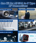 Collage showcasing uses of the 4 Pack SMA To N Type Coax Adapter Kit For Ham Radio, 5G And WiFi Antennas in various RF setups.