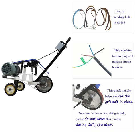 Portable Belt Sander And Abrasive Grinder On Rolling Frame For Rust Removal And Wood Projects Features Killer 4000W Motor shown with extra sanding belts.