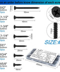 Six Gauge Black Oxide Drywall And Wood Screws Kit With 215 Piece Assortment Phillips Drive Countersunk Self Tapping Screws From Five Eighths Inch To Two Inches For Wood Projects showing screw sizes and packaging