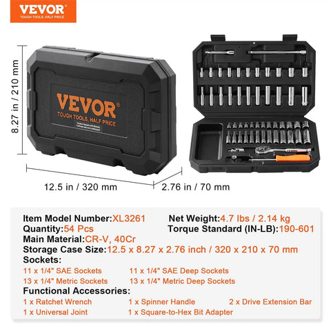 One Quarter Inch Drive Socket And Ratchet Set, 54-Piece SAE And Metric 6-Point Deep And Standard Sockets With Case