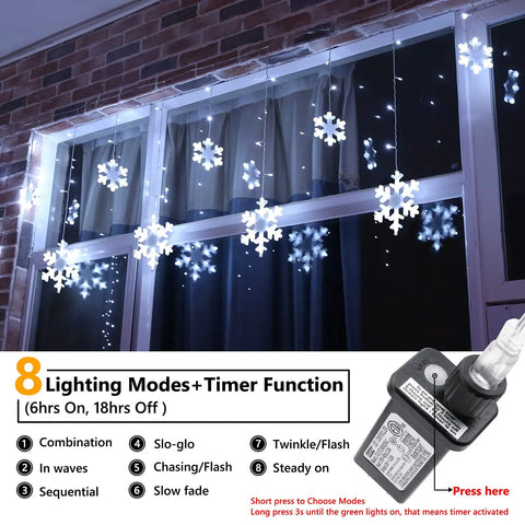 Outdoor Snowflake Christmas Lights 17.22 Feet 264 LED Snowflake Icicle Lights With 22 Drops Waterproof White