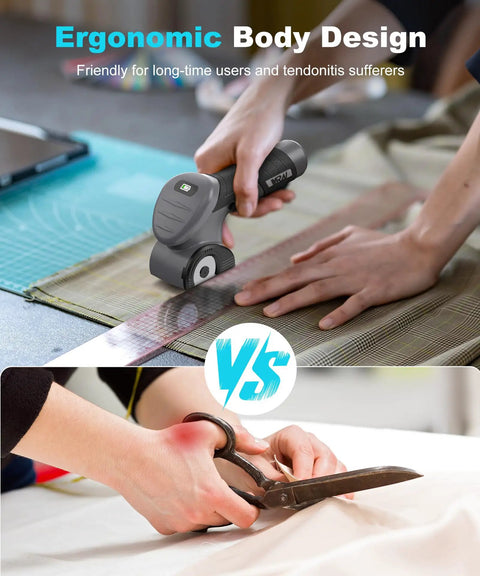 Ergonomic Heavy Duty Cordless Electric Scissors With Fast Charging Rechargeable Battery cutting fabric on a table.
