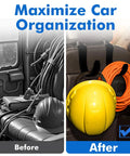 Heavy Duty Headrest Hooks for Trucks and Cars, Extra Large Seat Back Organizer for Hard Hats and Gear, Before and After