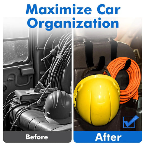 Heavy Duty Headrest Hooks for Trucks and Cars, Extra Large Seat Back Organizer for Hard Hats and Gear, Before and After