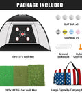 Package contents of 10x7 Ft Golf Net With Tri Turf Mat And Real Balls Set, including net, mat, balls, tees, stakes, and bag