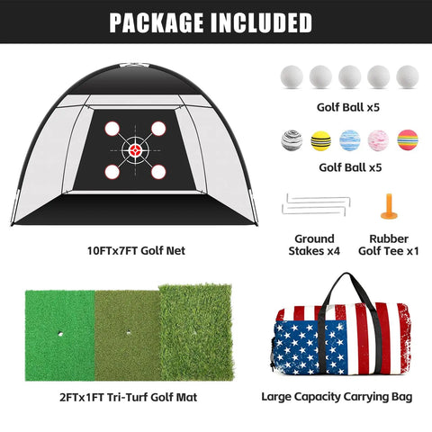 Package contents of 10x7 Ft Golf Net With Tri Turf Mat And Real Balls Set, including net, mat, balls, tees, stakes, and bag