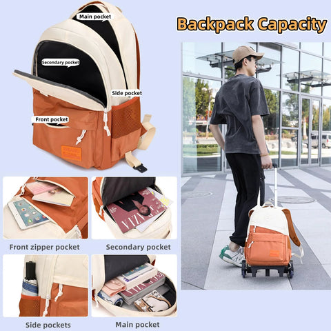 Rolling Backpack With Wheels For Kids Lightweight School Bag with pockets and student walking, ideal for school and travel.