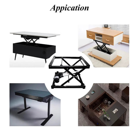 Top Shelf Electric Scissor Lift Table With Foldable Design And Wireless Remote Control used in various settings, displayed in multiple angles.