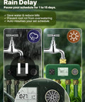4 Zone Water Timer for Garden Hose Heavy Duty Solid Brass Inlet Outlets showing rainy and sunny settings.
