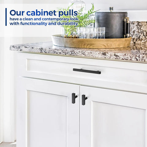 Knockout Matte Black Square Cabinet Pulls Single Hole Kitchen Drawer And Door Hardware 30 Pack on white cabinets with granite countertop.
