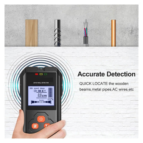 Rock Solid Black Metal Detector And Stud Finder With Hd Backlit Lcd Screen detecting wood and metal hidden behind walls.