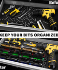Drawer with tools before and after using 4 Piece Magnetic Slidable Drill Bit Holder With 160 Hole Storage And Strong Magnetic Rail