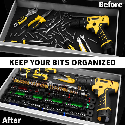 Drawer with tools before and after using 4 Piece Magnetic Slidable Drill Bit Holder With 160 Hole Storage And Strong Magnetic Rail