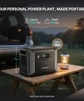 A Legit Reliable Portable Power Station Packing 2330Wh LifePo4 Cells and Five Fast Ac Outlets on a table with a lantern.
