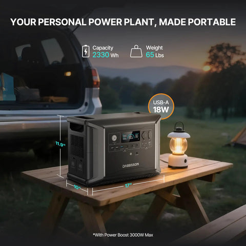 A Legit Reliable Portable Power Station Packing 2330Wh LifePo4 Cells and Five Fast Ac Outlets on a table with a lantern.