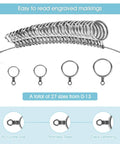 Handy Stainless Steel Ring Sizer Set With 27 Ring Gauges On Cable US Size 1 To 13 Plus Half Sizes displayed with engraved markings