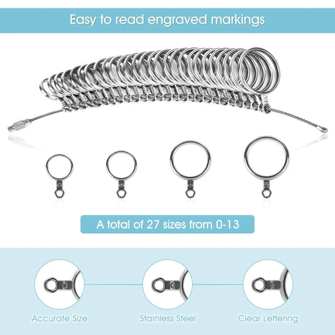 Handy Stainless Steel Ring Sizer Set With 27 Ring Gauges On Cable US Size 1 To 13 Plus Half Sizes displayed with engraved markings