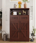 Sturdy Dark Brown Standing Go To Storage Cabinet With Drawers And Shelves For Kitchen Pantry And Home Bar Floor Hutch Cupboard With Adjustable Shelf, featuring farmhouse design, displayed in a living room.