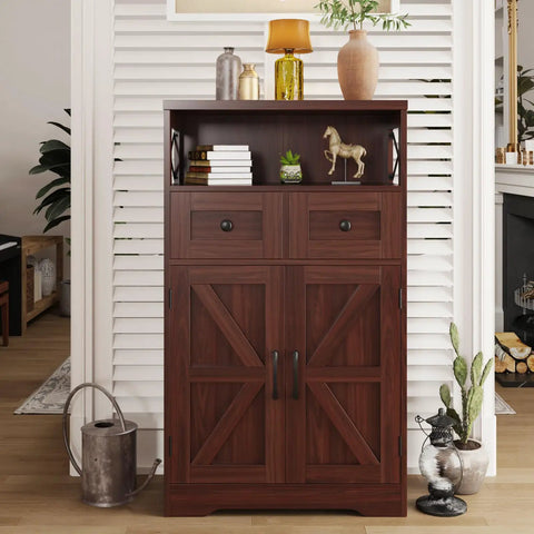 Sturdy Dark Brown Standing Go To Storage Cabinet With Drawers And Shelves For Kitchen Pantry And Home Bar Floor Hutch Cupboard With Adjustable Shelf, featuring farmhouse design, displayed in a living room.