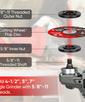 Diagram showing assembly of Angle Grinder Lock Nut Kit With 5/8-11 Flange Nuts And Adjustable Pin Wrench, cutting disc, and nuts.