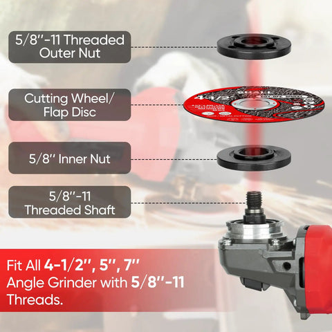 Diagram showing assembly of Angle Grinder Lock Nut Kit With 5/8-11 Flange Nuts And Adjustable Pin Wrench, cutting disc, and nuts.
