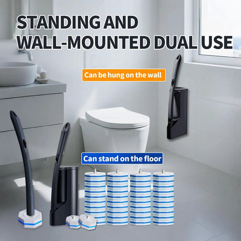 Disposable Toilet Brush With Holder And Extended Magic Wand Handle, 40 Replacement Sponge Heads Kit, standing and wall-mounted