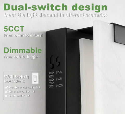 Tipace Hardwired Modern Black LED Wall Sconce Indoor Wall Light Fixture showing dual-switch design and brightness settings.
