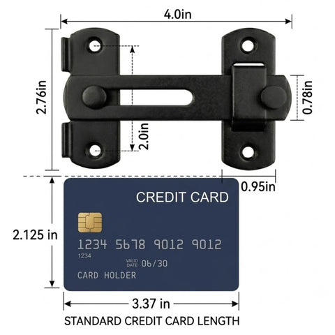 Hella Durable 180 Degree Flip Barn Door Latch Pack Matte Black Stainless Steel Gate Lock dimensions shown with credit card for size reference.