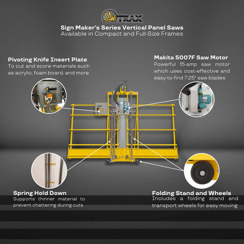 Full Size Vertical Panel Saw Sign Maker Kit With Razor Knife Insert Built Like A Tank Smooth Crosscuts Unlimited Rip Heavy Duty Sealed Bearings Fold Cart Designed For Sign Shop Pros with pivoting knife insert and spring hold down feature.