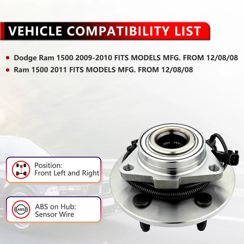 Pair Front Wheel Hub And Bearing Assembly 515126 For 2009 2010 2011 Dodge Ram 1500 With ABS 5 Lug Driver Passenger Side, top view.