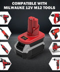 18V To 12V Battery Adapter Converter For Power Tools with M18 to M12 Tool Compatibility, shown with compatible Milwaukee 12V M12 tools