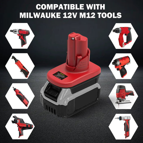 18V To 12V Battery Adapter Converter For Power Tools with M18 to M12 Tool Compatibility, shown with compatible Milwaukee 12V M12 tools