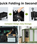 Lightweight Foldable Wagon With 360 Degree Wheels And Flexible Handle, 220 Lb Load Capacity, shown folding and stored
