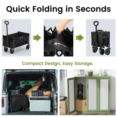 Lightweight Foldable Wagon With 360 Degree Wheels And Flexible Handle, 220 Lb Load Capacity, shown folding and stored