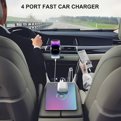 Car interior with Upgraded Quad Port 12V USB Outlet Aluminum Car Charger With 78W Dual PD USB C And QC Fast Charge visible