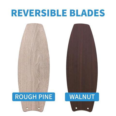 Reversible blades showing rough pine and walnut finishes for the 42 Inch Modern Indoor Ceiling Fan with Dimmable Light Kit and Remote Control.
