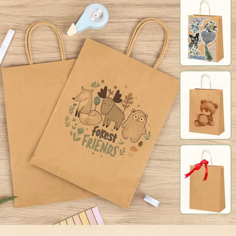 Heavy Duty Kraft Paper Bags With Handles 10 x 7 x 12 Inches, 250 Pack Brown Shopping Bags with animal designs on handles