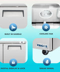 Features of Heavy Duty 48 Inch Commercial Undercounter Freezer With Solid Stainless Exterior including handle, fan, digital lock, and brake wheel.