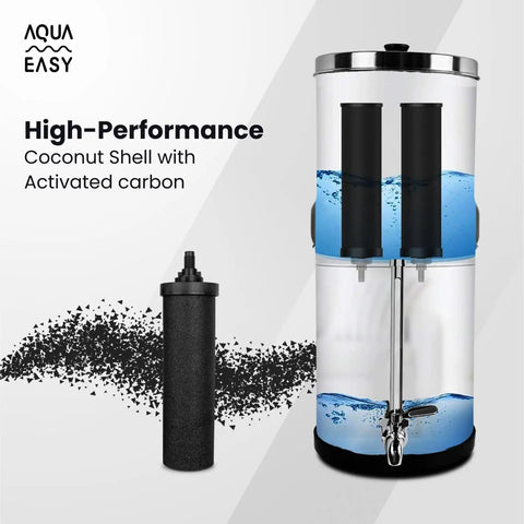 2.25 Gallon Gravity Water Filter System With Dual Activated Carbon Filters, stainless steel tap and filter detail