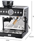 Fully Automatic Espresso Machine With Badass Burr Grinder And Hella Smooth Pulls Featuring Precise Temperature Control Plus Adjustable Milk Frother And Pro Grade 58mm Portafilter For Kitchen Ready Barista Coffee, front view showing controls and portafilter.