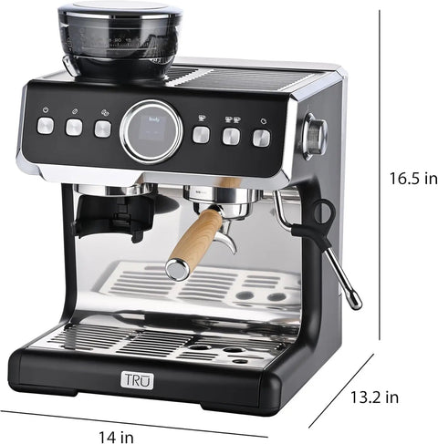 Fully Automatic Espresso Machine With Badass Burr Grinder And Hella Smooth Pulls Featuring Precise Temperature Control Plus Adjustable Milk Frother And Pro Grade 58mm Portafilter For Kitchen Ready Barista Coffee, front view showing controls and portafilter.