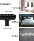 Mini brush for Universal Vacuum Attachment Kit 1 1/4 Inch And 1 3/8 Inch with 8 piece brush set, shown with curtain, bedding, pet hair.
