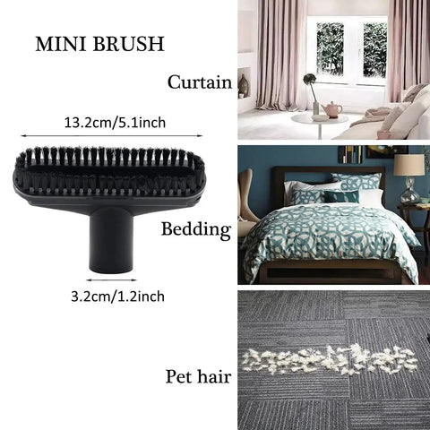 Mini brush for Universal Vacuum Attachment Kit 1 1/4 Inch And 1 3/8 Inch with 8 piece brush set, shown with curtain, bedding, pet hair.