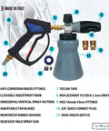 PF22 Foam Cannon And SG28 Trigger Gun Kit For Pressure Washer, Pro Grade Car Wash System, Made In Italy, showing parts and features.