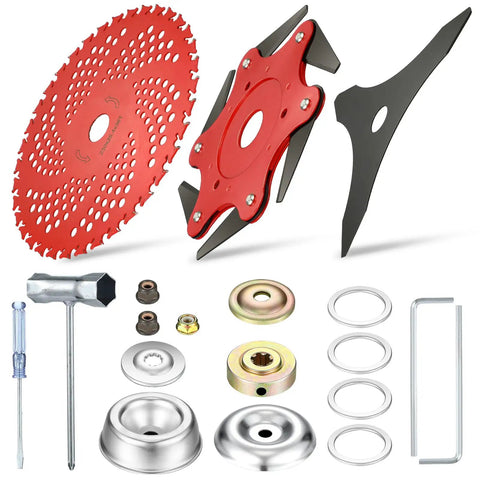 Six Steel Teeth Razor Trimmer Heads And Three Teeth Brush Cutter Blades Set With Weed Trimmer Attachments, assorted parts and tools