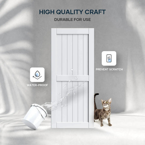 Slick White Barn Door With Solid Wood Core And Waterproof Vinyl Panel Including H Frame Sliding Hardware Kit Plus Handle, 36 by 84 inch with cat nearby.